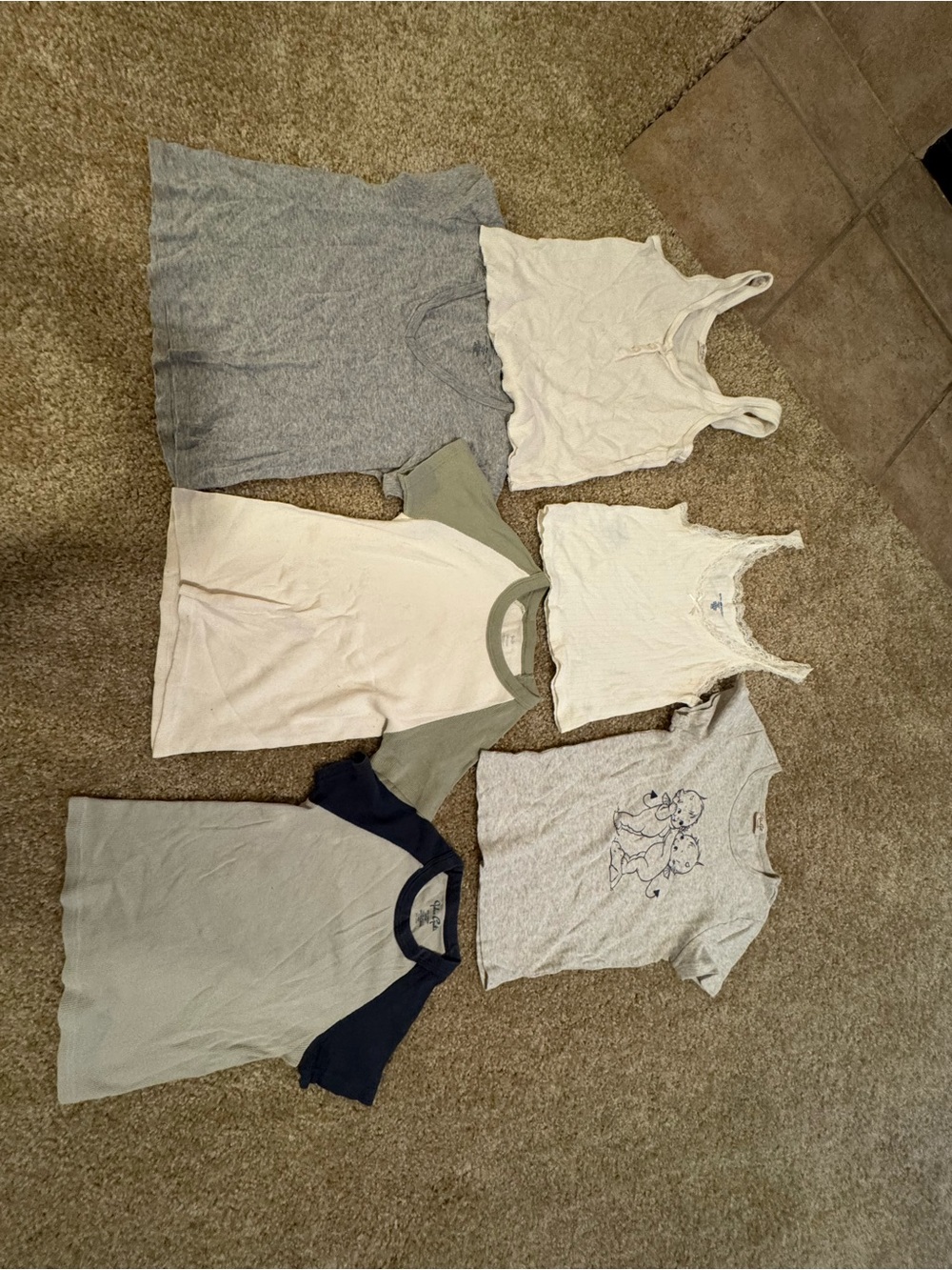 Brandy Melville Mixed Neutral Tops — White, Light Gray, Cream, Olive.